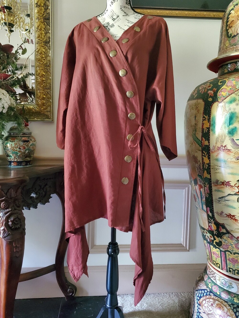 Ashro Bailey Tunic Rust Brown Wrap Top Asymmetrical Linen Cotton